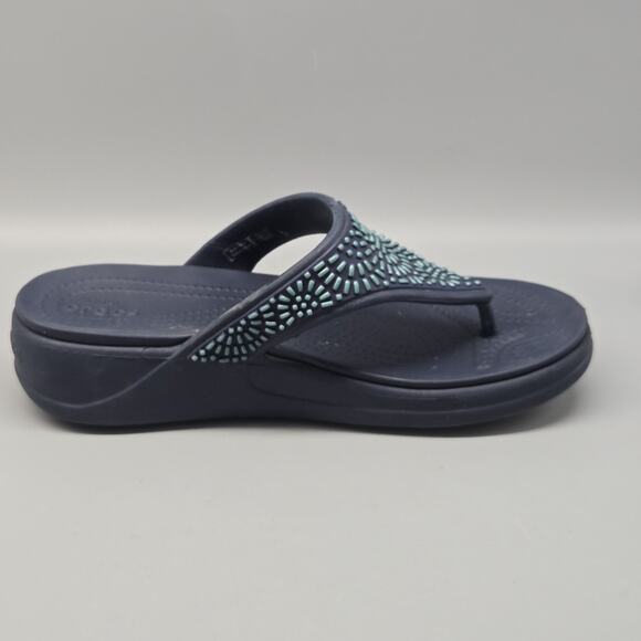 CROCS Monterey Diamante Wedge Flip Flop Sandals Women’s Size 9 Blue Casual - Picture 8 of 11